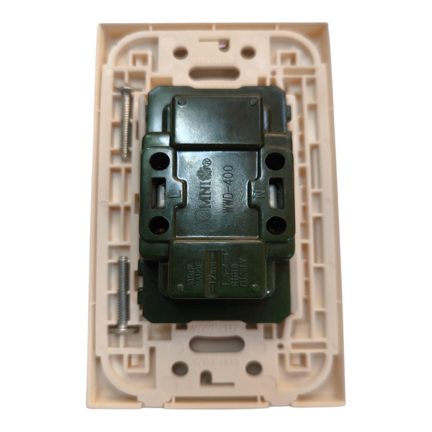 A green electrical switch contact block with screws, shown inside a beige plastic mounting tray on a white background.