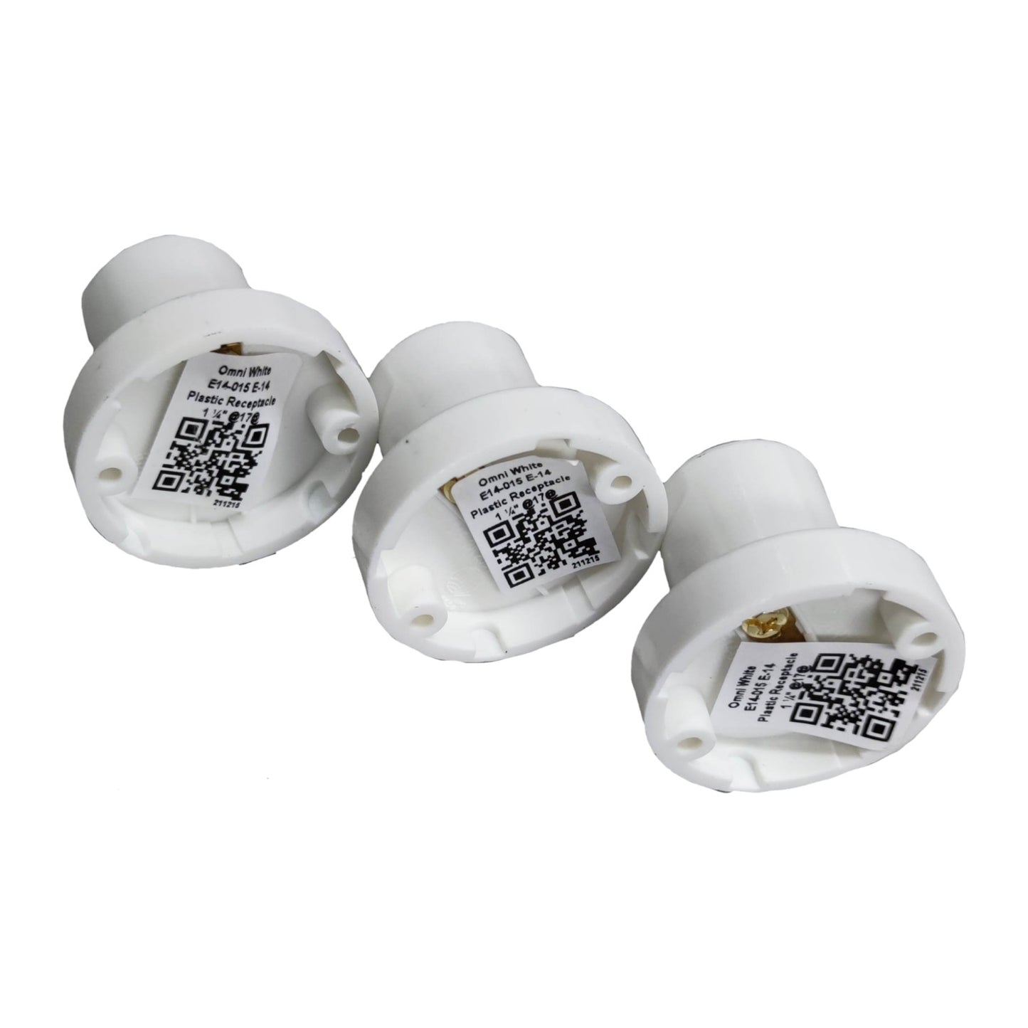 Three white electronic devices with QR codes on a white background Omni E-14 Lamp Socket 10A 220V PVC Type Surface Mounted (3PCS) E14-015 Electx Electrical Supply