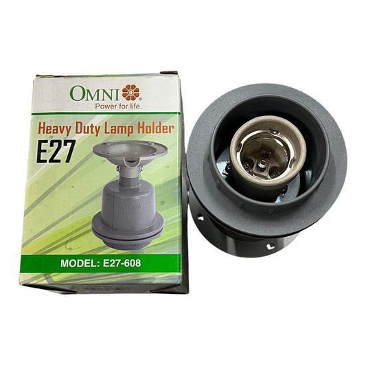 An Omni Heavy Duty Lamp Holder E27 shown next to its retail packaging box on a white background.