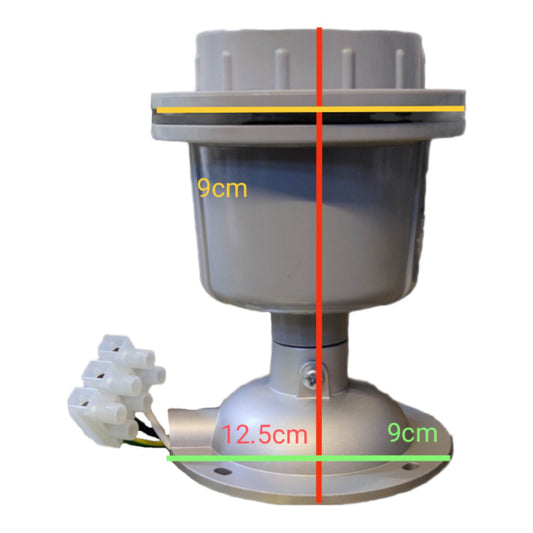 A gray cylindrical mechanical component with a flanged base and attached white connector housing, shown on a white background with colored measurement lines and labels indicating dimensions.