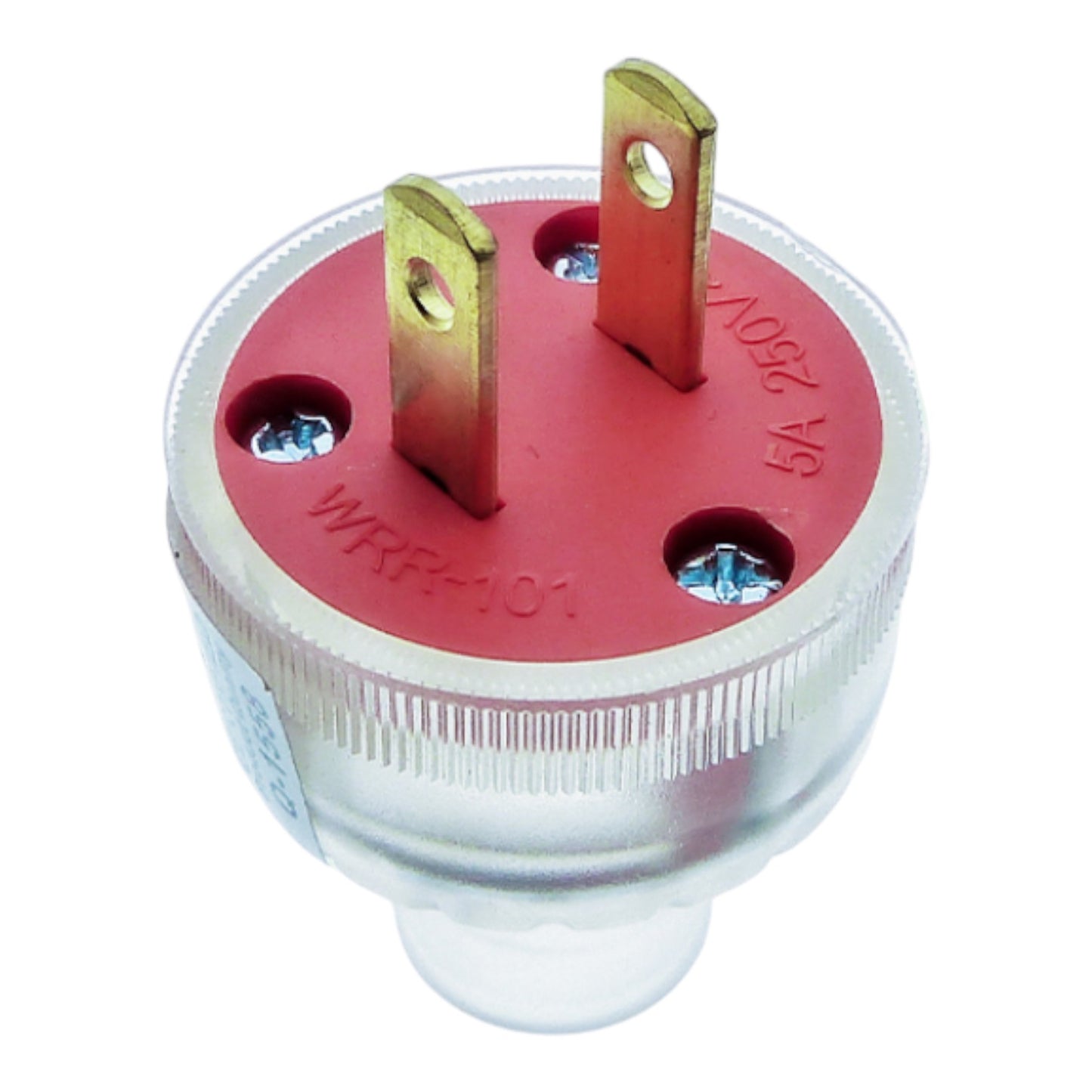 A 2-pin electrical plug component with a red top insulator, brass-colored metal prongs, and a clear plastic body, shown on a white background.