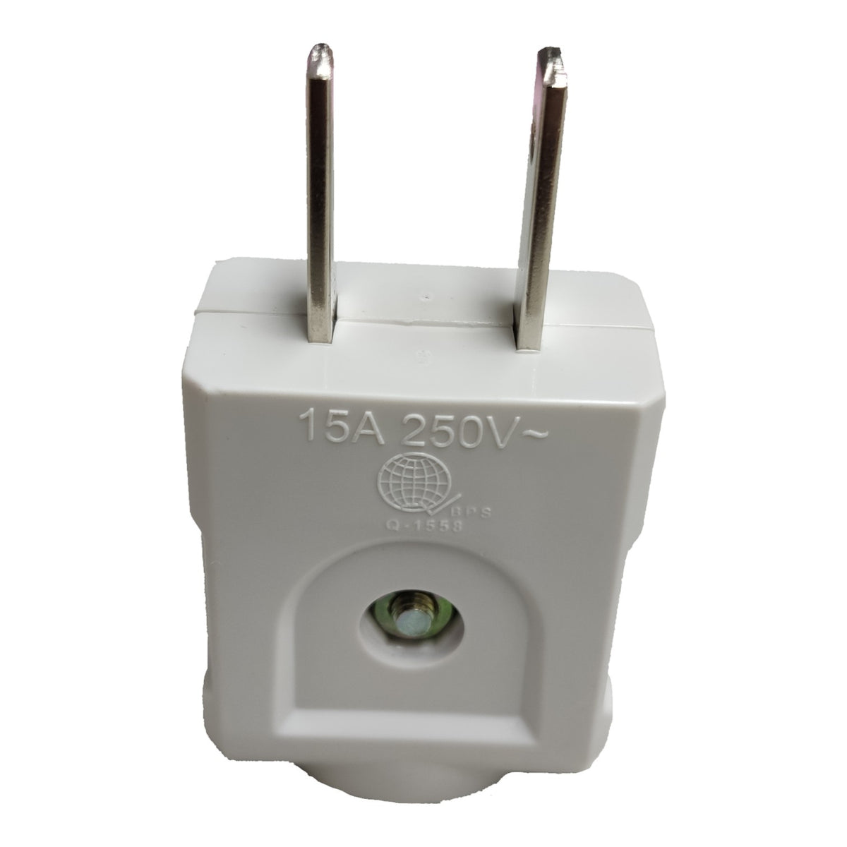 A white 15A 250V~ plug adapter with two metal pins and a small green circular detail on the front, shown against a plain white background.