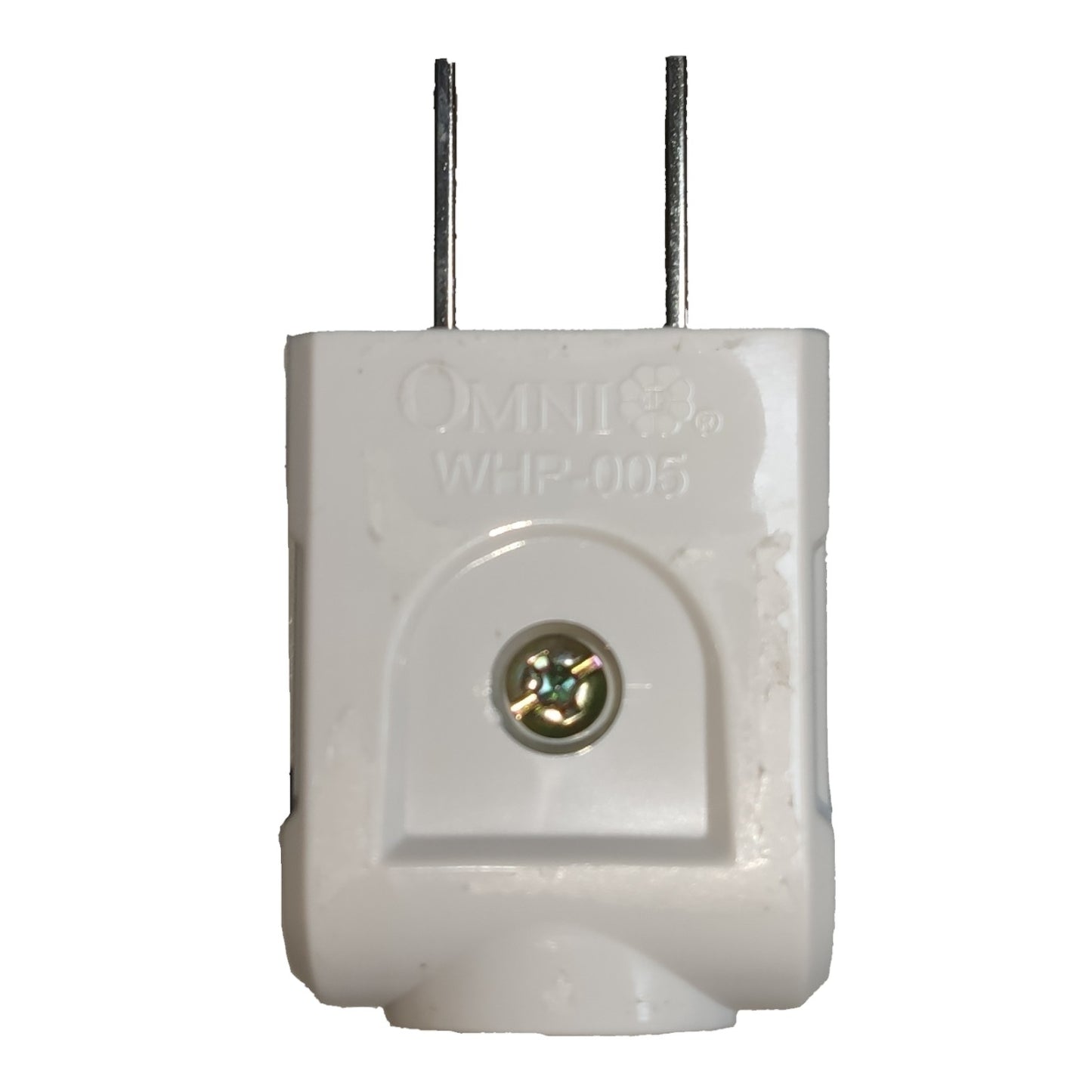 White plastic Omni WHP-005 light socket adapter with two metal pins and a central screw, shown on a white background.