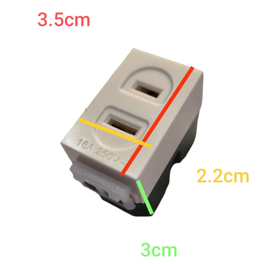 A small electrical outlet component shown on a white background with colored measurement lines and labels indicating dimensions 3.5cm, 2.