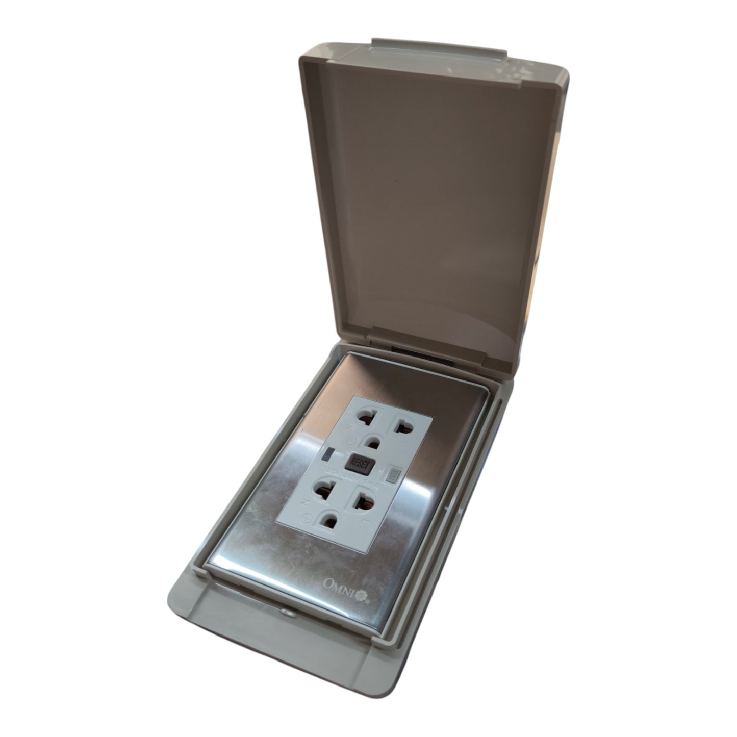 A waterproof outdoor electrical outlet cover with an open hinged lid, featuring a stainless steel faceplate with a six-socket three-prong outlet. The cover is a translucent taupe-gray color, and the outlet plate is brushed silver stainless steel.