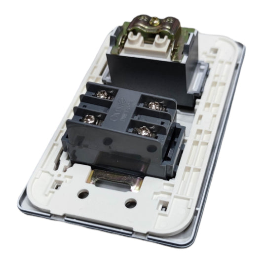 An electrical wall switch module with a white plastic backplate, black terminal blocks, and metal screw terminals, shown on a white background.