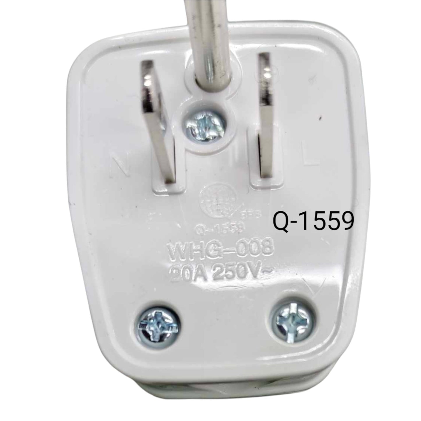 A white plastic three-pin wall plug with silver metal pins, featuring molded text including 'Q-1559', 'WHC-008', and '20A 250V~' on a plain white background.