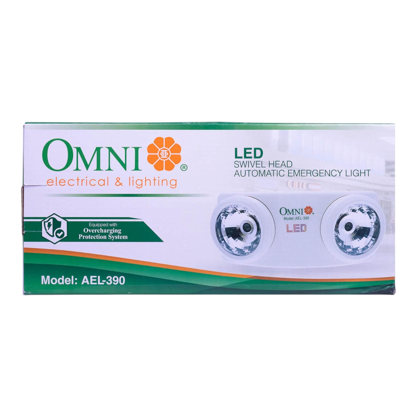 Box of Omni LED swivel head automatic emergency light on a white background