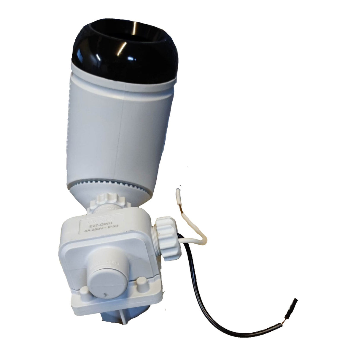 A white and black automatic sprinkler valve controller with attached wires, isolated on a white background.