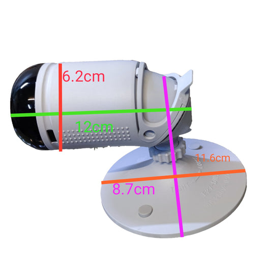 A white security camera with a black lens cover and a round mounting base, overlaid with colored measurement lines and text showing dimensions of 6.2cm, 12cm, 11.
