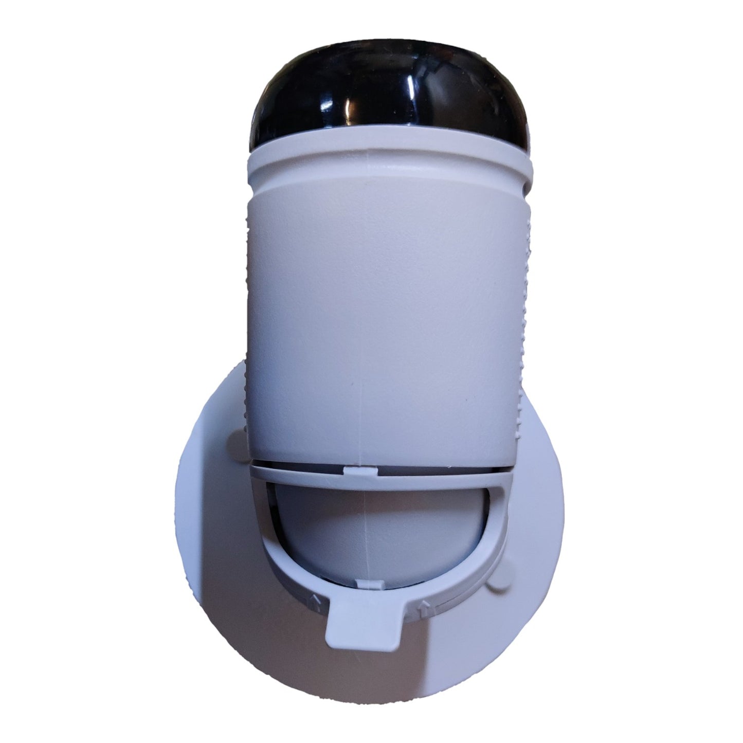 A white cylindrical dispenser or container with a black top cap and a circular base, shown against a plain white background.