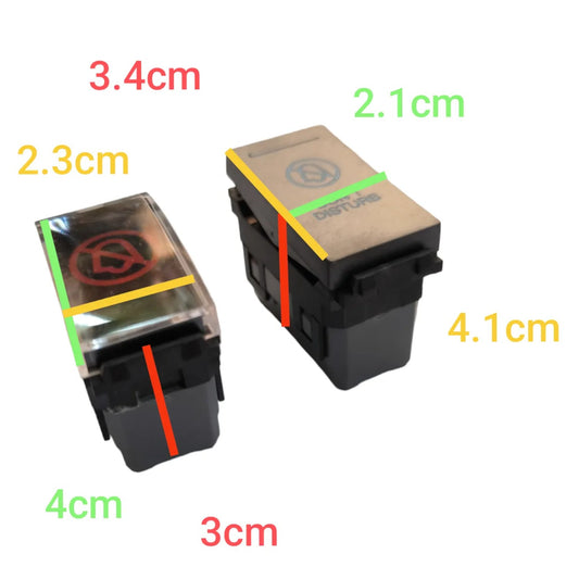 Two small rectangular electrical switches on a white background with overlaid dimension labels in red, green, and yellow showing measurements such as 3.4cm, 2.