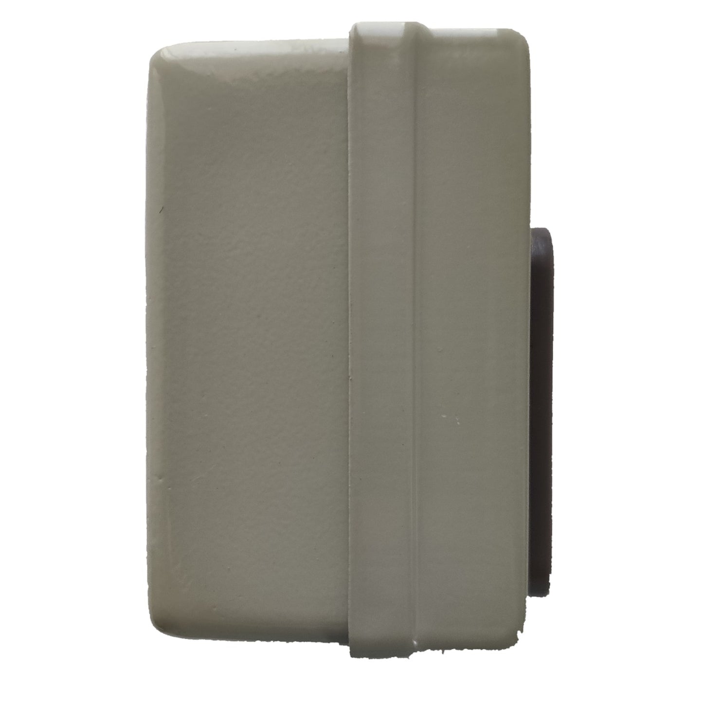 Gray rectangular object with a black component on a white background