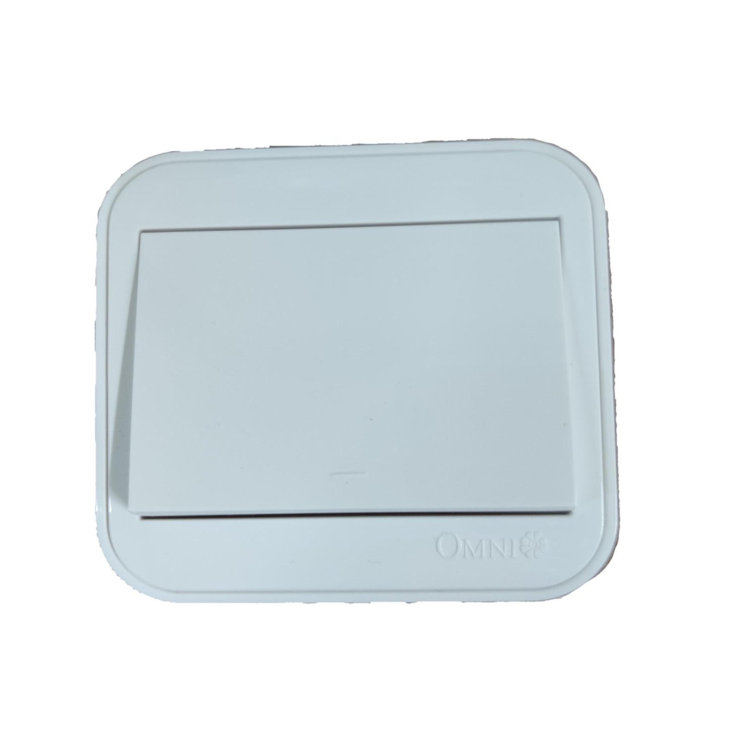 A white Omni6 flush-mount light switch plate with a recessed rectangular center, shown against a plain white background.