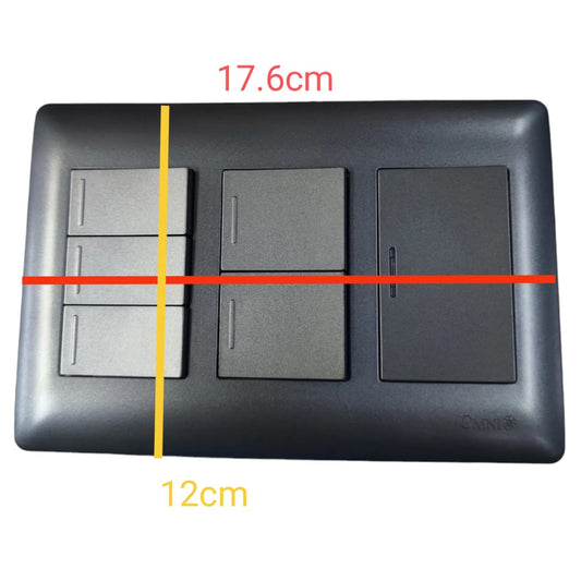 A black three-gang wall switch plate with dimension annotations showing a height of 17.6cm and a width of 12cm on a white background.