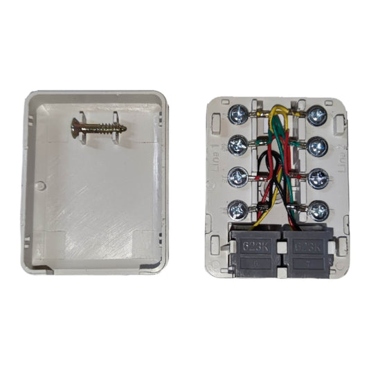 A dual-sided view of a white plastic electrical junction box, showing the interior screw terminal plate with wiring and the back cover on a white background.