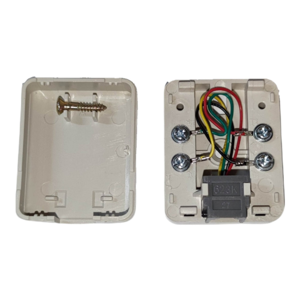 An electrical wall switch socket cover shown in two pieces: the front mounting cover on the left with a single screw, and the back terminal cover on the right with screw terminals, wire connectors, and a gray backplate.