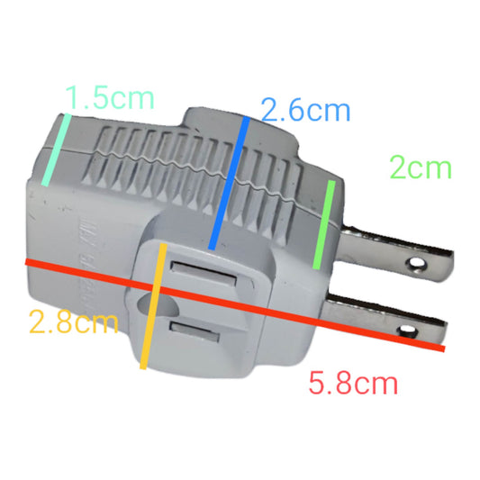 A gray plastic wall plug adapter shown on a white background with colored measurement lines and labels indicating dimensions such as 1.5cm, 2.