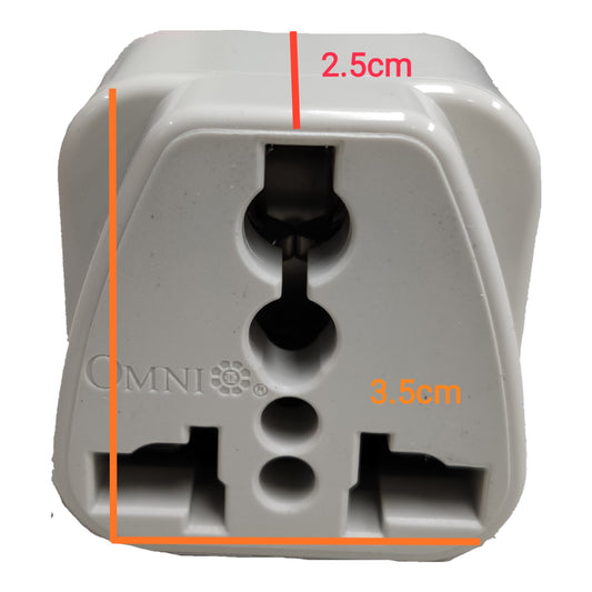 A white plastic UK three-pin plug shown from the front with dimension annotations: 2.5cm at the top, 3.