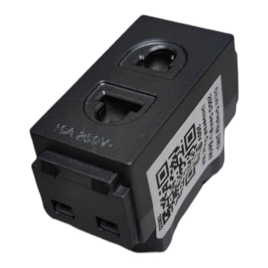 A black plastic electrical outlet adapter or power strip component with a white label featuring a QR code and technical specifications, shown on a plain white background.