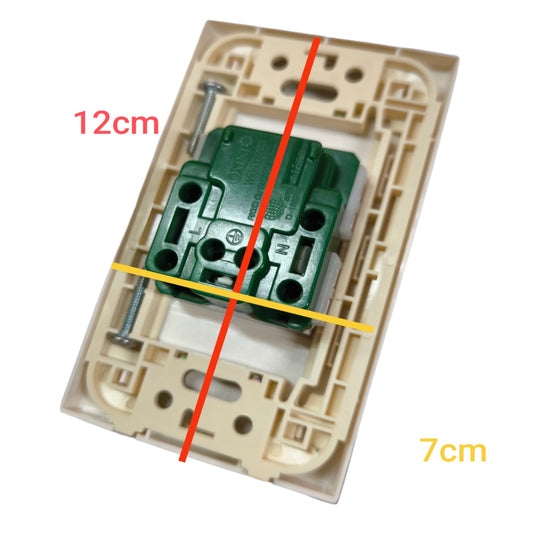 An electrical wall switch socket backplate with a green central component, shown on a white background with red, yellow, and black dimension lines and text indicating 12cm and 7cm measurements.