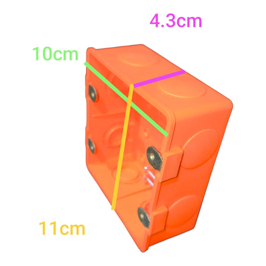 An orange plastic electrical junction box shown on a white background with colored measurement lines and labels indicating dimensions of 10cm, 11cm, 4.3cm, and 10cm.