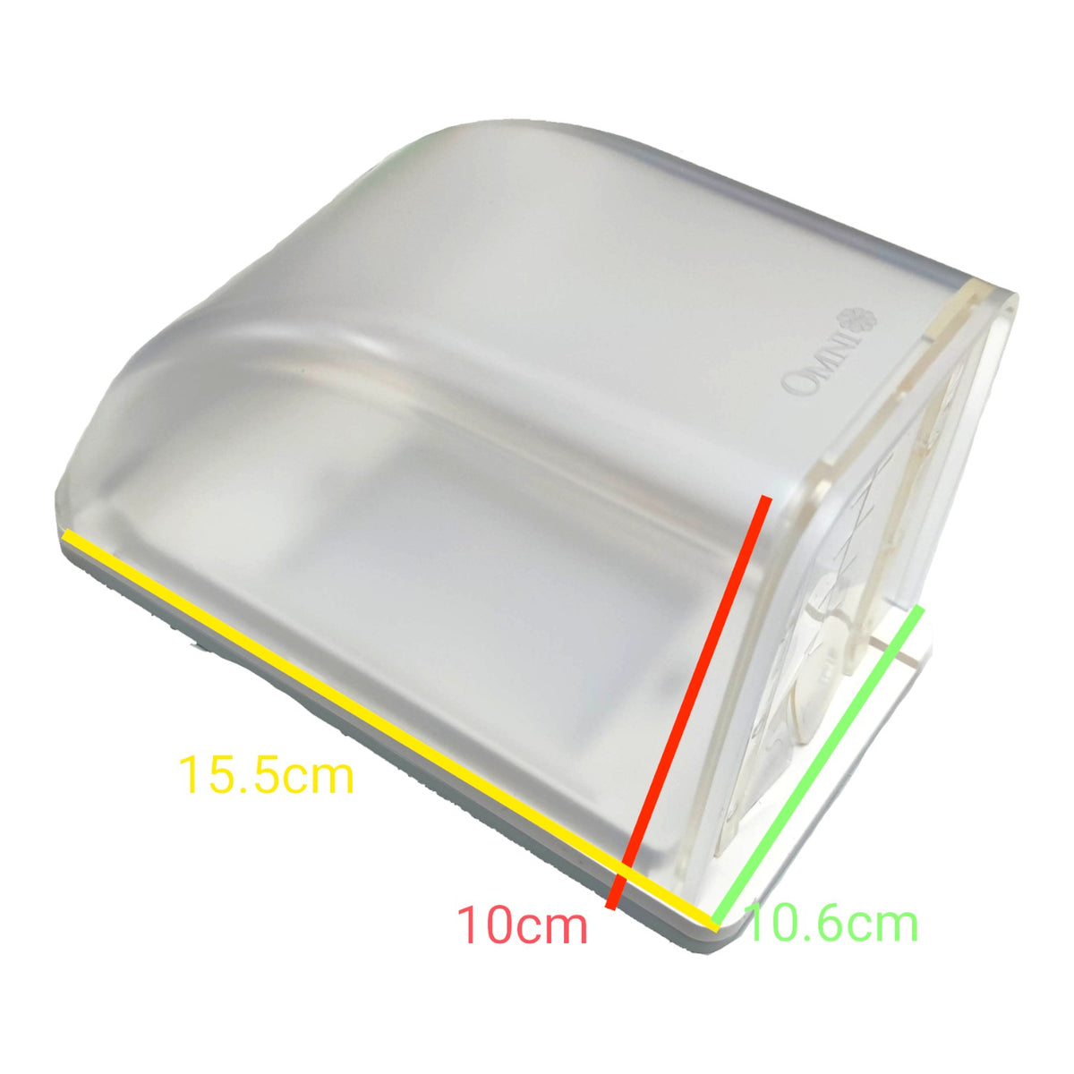 A transparent acrylic or plastic cover shown on a white background with overlaid dimension lines and measurements: 15.5 cm, 10 cm, and 10.