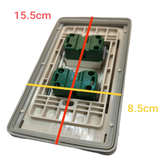 A two-gang wall switch plate module with green terminal blocks on a gray backplate, overlaid with red and yellow dimension lines and text indicating 15.5cm and 8.