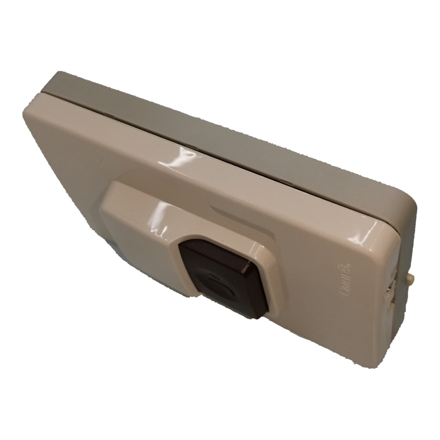 A beige wall-mounted security camera with a glossy finish and a black lens cover, shown at an angle on a plain white background.