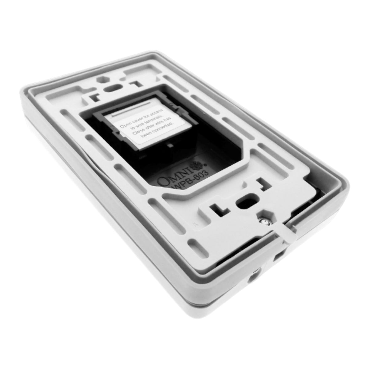 A white plastic modular electrical outlet cover plate with a black internal socket compartment and a small white label, shown on a plain white background.