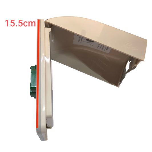 A replacement plastic dispenser cover or housing component, shown at an angle on a white background with a red measurement overlay reading 15.5cm.