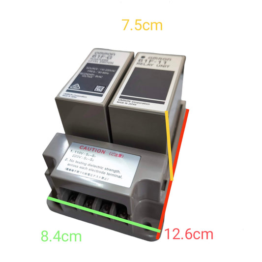 A gray electrical relay unit with two smaller relays mounted on top of a larger base, shown on a white background with colored dimension lines and text labels reading 7.5cm, 8.