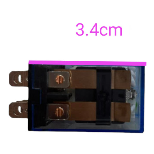 A small electrical relay component with copper-colored terminals and internal coils, shown on a white background with a pink measurement label reading 3.4cm above it.