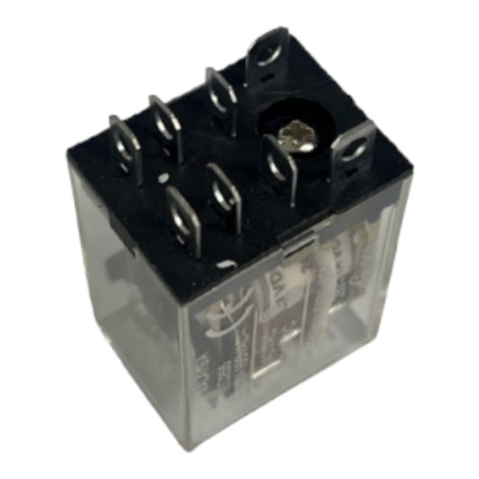 A small electrical relay component with a clear plastic housing, black top terminal cover, and multiple metal screw terminals, shown on a plain white background.