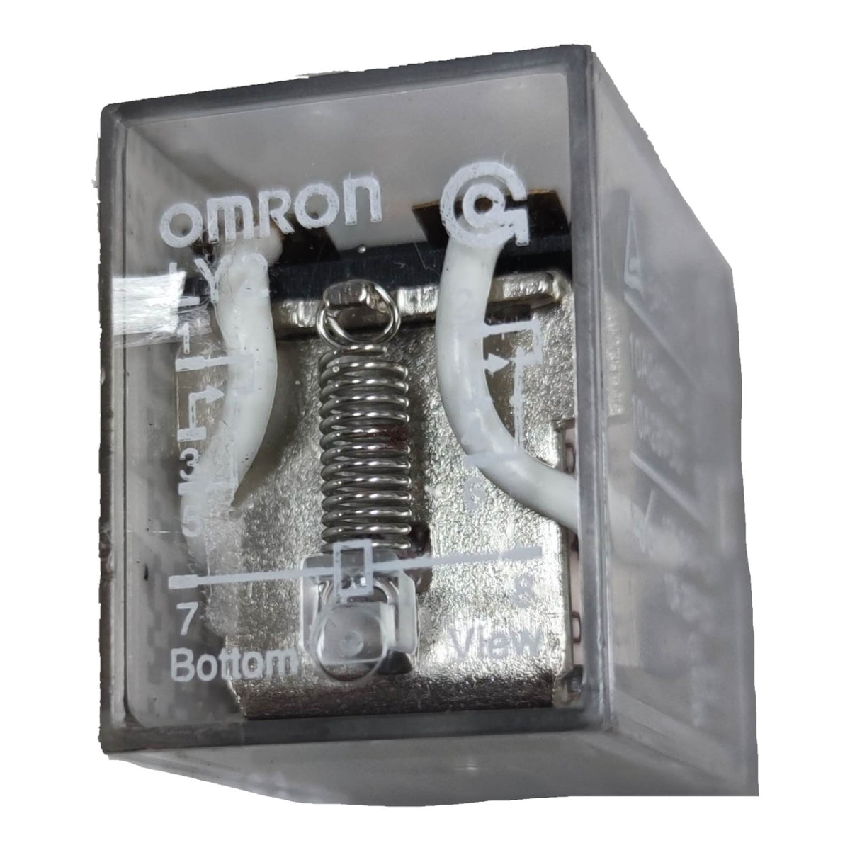 An Omron relay contact module in a clear plastic case, showing silver metal contacts, a spring, and white plastic boots on a white background.