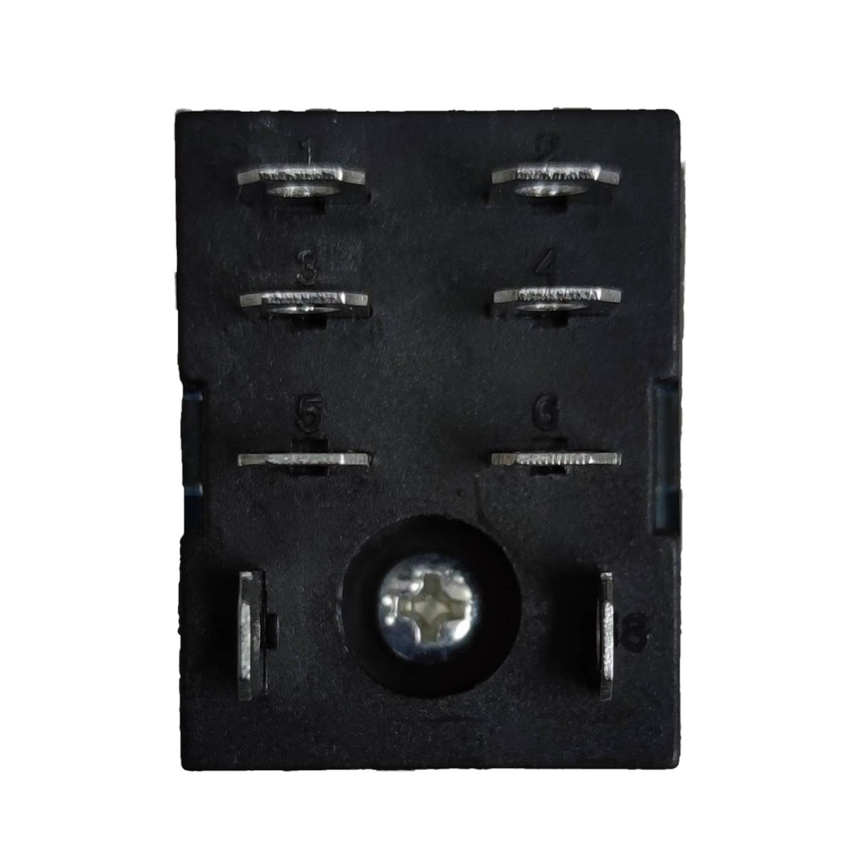 A black plastic electrical terminal block with six silver metal screw terminals and a central threaded connection, shown on a plain white background.
