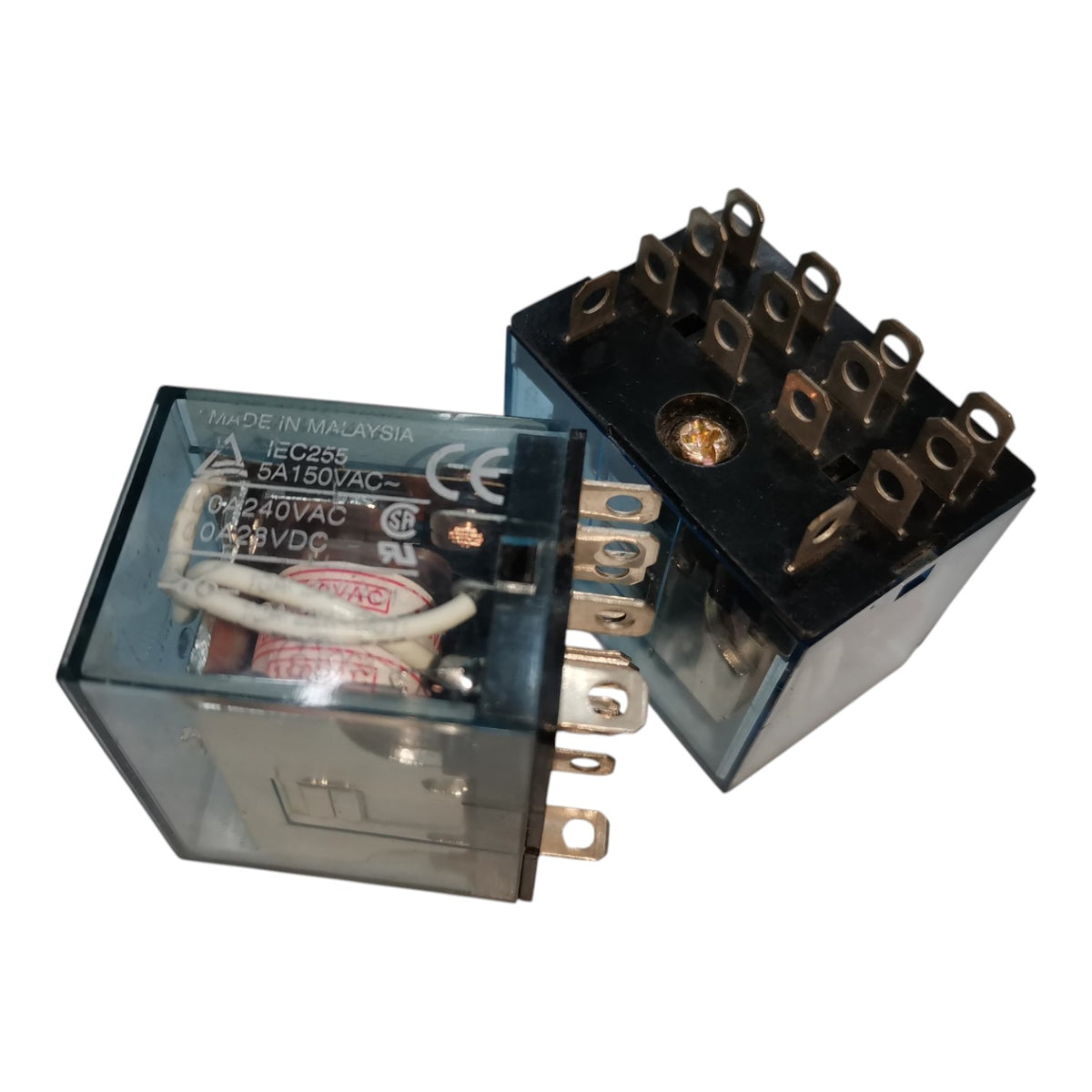 Two industrial electrical relays, one showing the transparent case with internal coil and contacts, and the other showing the back side with terminal posts, on a white background.
