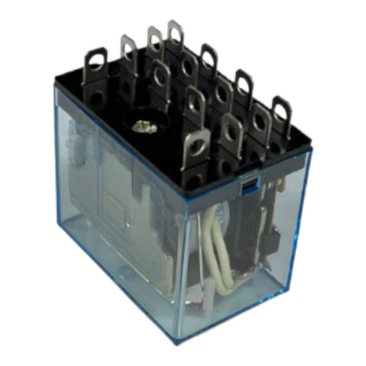 A square electrical relay with a transparent blue plastic housing, black top terminal plate, and multiple metal screw terminals, shown on a plain white background.