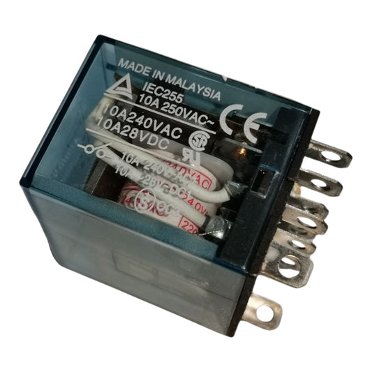 A 10A 240VAC relay switch with a translucent dark blue-gray plastic casing, visible internal coil, and metal terminal posts on the side, shown on a plain white background.