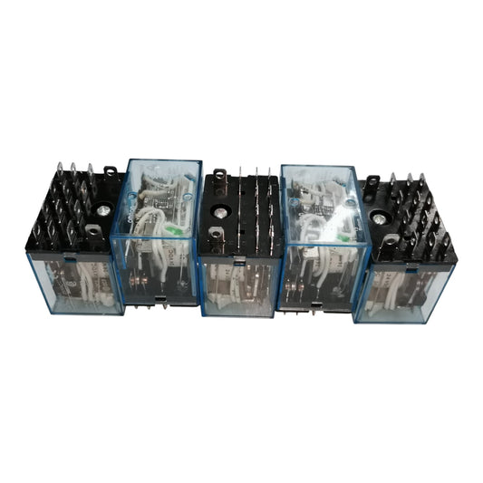 Four industrial electrical contact relays with transparent blue plastic enclosures, black internal components, and silver metal terminals, arranged in a row on a white background.