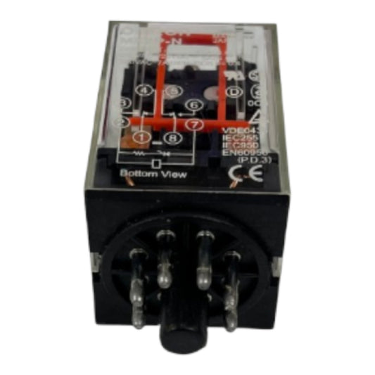 A black electrical relay with a transparent top cover showing internal contacts and a red highlighted area, labeled 'Bottom View' with terminal markings and CE certification marks, on a white background.