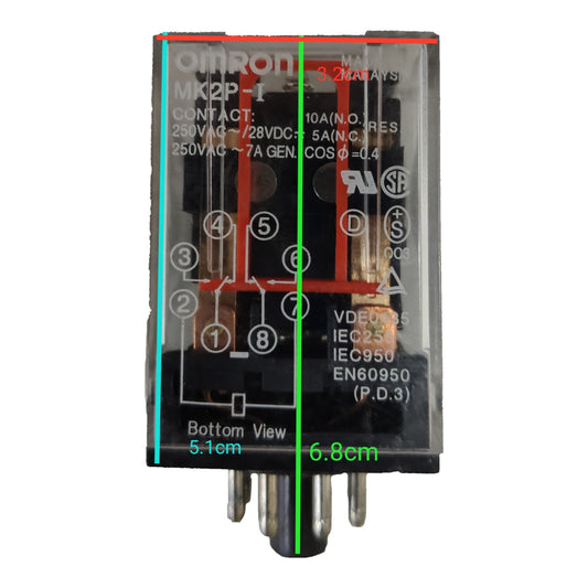 An Omron MX2P-1 electrical relay with a clear top cover showing internal contacts and terminal markings, photographed on a white background with green and cyan dimension lines and text overlays indicating measurements.