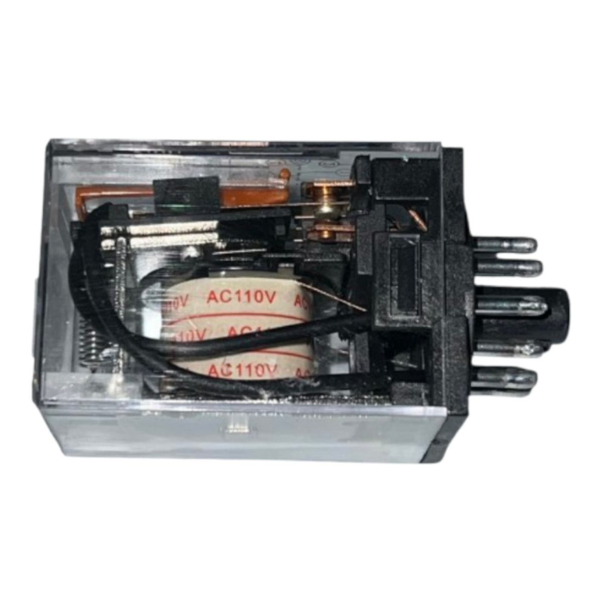 An industrial relay contact module with a transparent plastic casing, black plastic housing, internal coil, and metal terminals, shown on a white background.