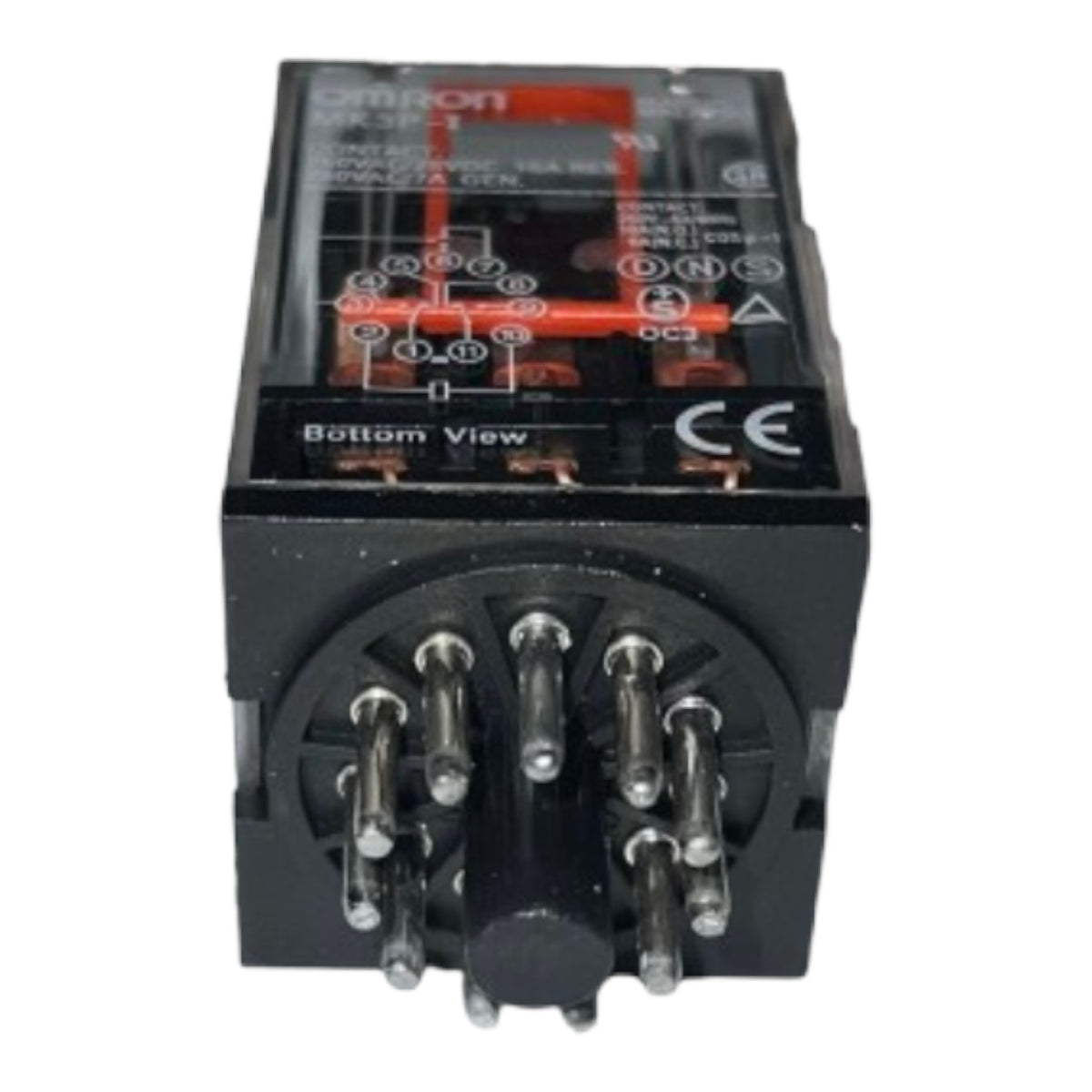An Omron MK-3F thermal relay shown from the bottom view, featuring a black plastic housing, multiple metal screw terminals, and a clear top cover with red and black internal components.