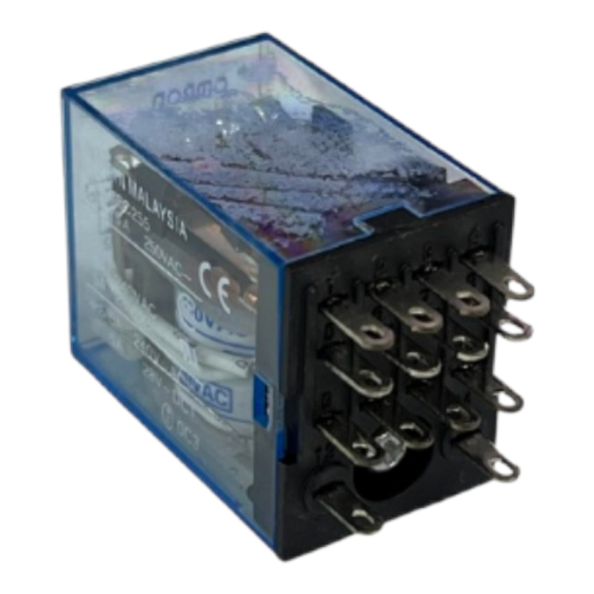 A blue and black electrical relay component with multiple metal terminal posts, shown on a plain white background.