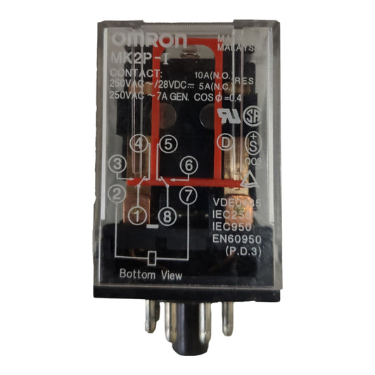 An Omron MK2P-I contact relay with a clear plastic casing, black base, and silver metal pins, shown against a plain white background.