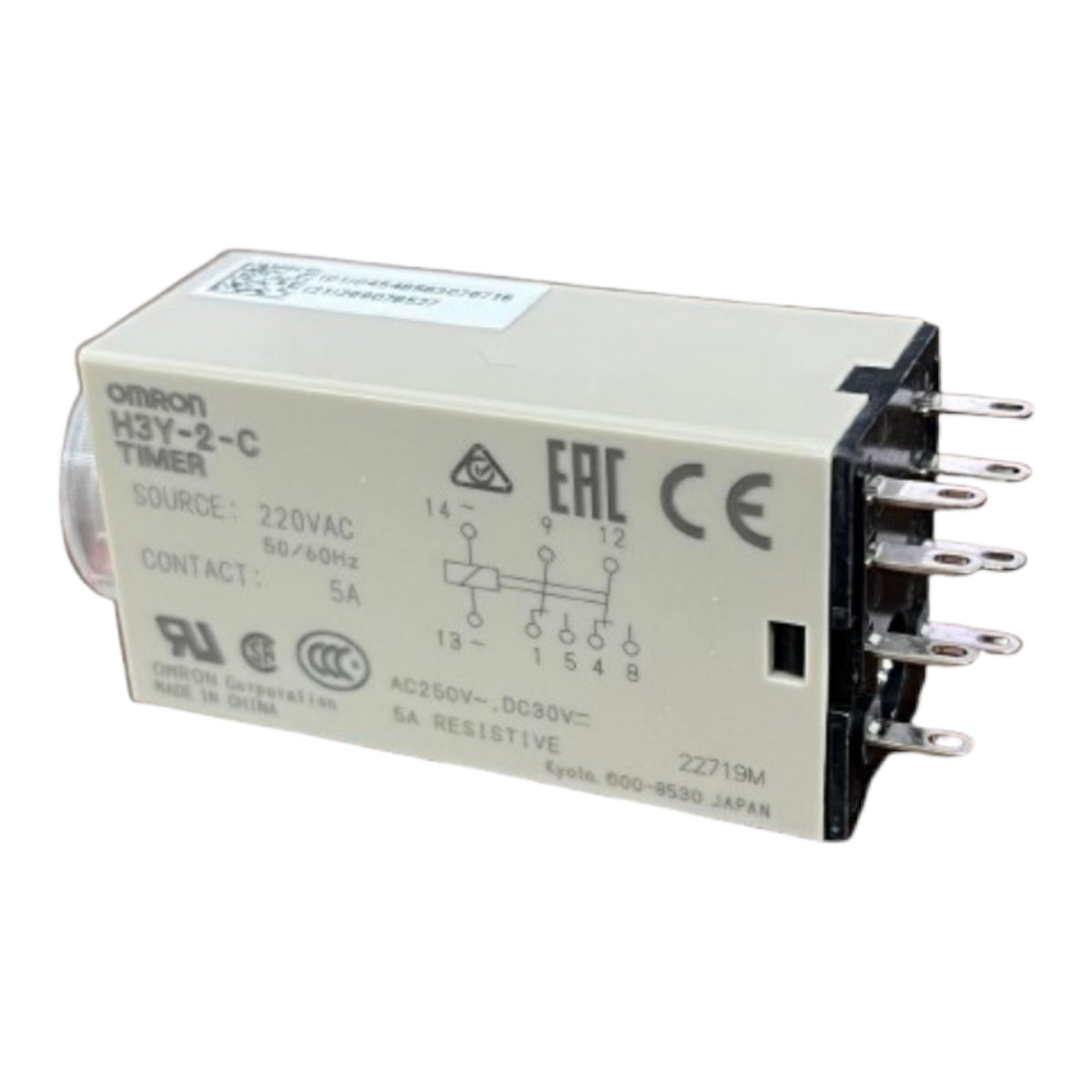 An Omron H3Y-2-C Timer electrical contact module with multiple metal pins on the side, photographed on a plain white background.