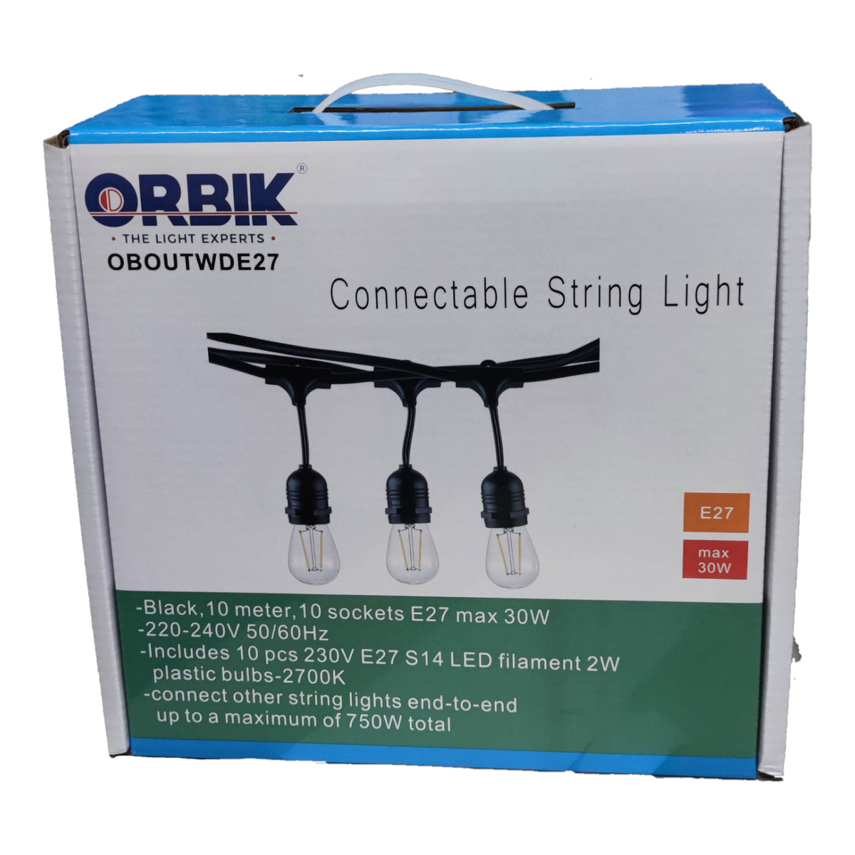 Orbik 30ft Outdoor String Lights E27 1W LED Warm White 10 Sockets Weather Proof