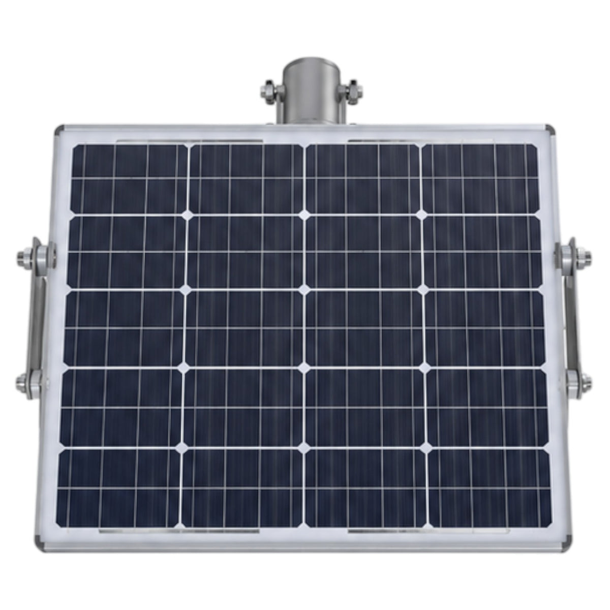 A square solar panel with a silver metal frame and mounting brackets, shown against a plain white background.