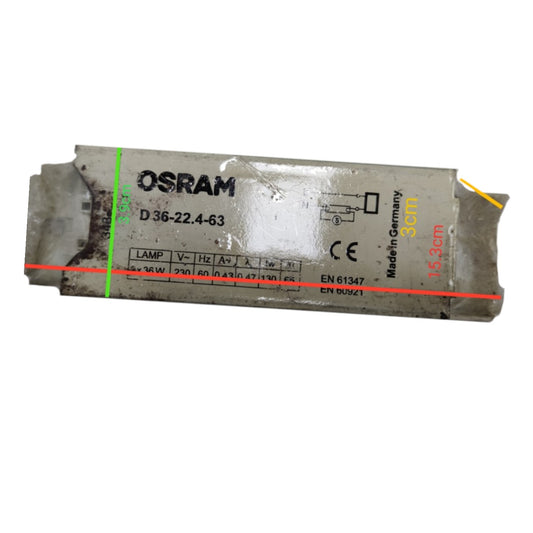 An Osram light bulb socket or electronic component on a white background, with red, green, and yellow measurement lines and text indicating dimensions of 12.3cm, 4.